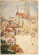  (Bourgknecht, Arnold de):, Fribourg, Cathedrale avec une partie de la vieille ville. Aquarelle sur dessin.