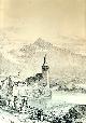  REICHLEN, Joseph:, L'ancienne église et la prieuré de Broc, dans le paysage de Gruyère, devant avec un homme en costume gruyérien typique. 