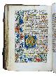  [ILLUMINATED MANUSCRIPT - BOOK OF HOURS (DIOCESE OF UTRECHT)]., [Incipit, A2r:] Alst my gaet niet nae mij[n] syn / Soe wil ic my liden en[de] swyghe stil ...[Diocese of Utrecht, the County of Holland], 1488. Large 8vo (19 x 13.5 x 4 cm). Written in Dutch on vellum by 2 gothic textura hands in 1 column (20 lines/page for the first hand for the main text and calendar; 22 lines/page for the additions written by the second hand). All leaves are numbered in pencil in the upper margin of the rectos by a 19th- or 20th-century hand. Richly iluminated by the Master of the Brussels Hours of the Bezborodko Group, being one of the stylistic groups of the Masters of the Dark Eyes, with 6 full-page miniatures, 2 historiated initials and 4 larger decorated initials, several smaller decorated initials, and many 1-line lombardic initials in blue and red. Also with a 6-line blue penwork initial on a red penwork ground, being a contemporary addition. Also with three- and four-marginal border decoration (an uncoloured background filled in with small dots or short tendrils in black, show acanthus leaves in different colours, various flowers and several brightly coloured birds and fabulous beings, with gold and black/white dots among them). Contemporary blind-tooled calf over rounded ("cushioned") wooden boards. With the original brass catch- and anchor-plates, the latter with remnants of the leather fastenings, and the later silk red ribbon markers loosely preserved.