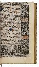  [BOOK OF HOURS]., Hore [= Horae beate Marie Virginis] secundum usum Romanum ad longum.(colophon: Paris, Thomas Kees), [ca. 1511, with an almanac for the years 1511-1530]. 8vo (18 x 12 cm). Printed on vellum in red and black throughout, with illustrations printed from (mostly metal?) relief blocks: 17 nearly full-page plus 1 repeat, 27 small plus 2 repeats in the text, many additional small in the decorated border pieces that surround nearly every page. Dark brown gold- and blind-tooled goatskin morocco (ca. 1870?), signed "HARDY-MENNIL" in the foot of the front turn-in.