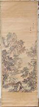  , Chinesisches Rollbild. Landschaftsbild in originaler farbiger Gouache auf einer Tuschezeichnung. Bildgrösse: 160 x 60 cm.