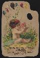  Advertisement, Victorian Die Cut Artist Palette Trade Card for H.M. Marks Tailors with Baby Smelling Flowers