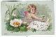  Christmas, Victorian Happy New Year Card with Fairy Swimming in Pond with Flowers