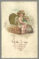  Postcard, Valentine Postcard Cupid Holding Bouquet of Flowers Sitting on Suitcase