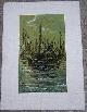  Art, Vintage Signed Matted Green and Black Painting of Harbor Scene with Boats