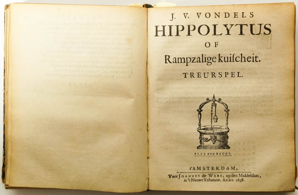 VONDEL, J. VAN DEN - Convoluut bevattende: Gebroeders. Treurspel. Fuimus Tros. (1650) En: Batavische gebroeders of onderdruckte vryheit. Treurspel. In ferrum pro libertate ruebant. (1690) En: Hierusalem verwoest. Treurpspel. Over vele jaren gedrukt, en nu herdrukt. (1665) En: Pascha, ofte de verlossing Israls uyt Egypten. Trage-comedischer-wijse een yeder tot leeringh op 't tonneel gestelt. (1695) En: De Amsterdamsche Hecuba. Treurspel. (1693) En: Sofokles. Herkules in Trachin. Treurspel. Verduitscht door J. v. Vondel. (1697) En: Hippolytus of rampzalige kuischeit. Treurspel. (1698) En: Adam in ballingschap, of aller treurspeelen treurspel. Prima malorum causa. (1698) En: Adonias of rampzalige kroonzucht. Treurspel (1661) En: Koning David in ballingschap. Treurspel. (1691) En: Koning David herstelt. Treurspel. (1693) En: Elektra van Sophokles. Treurspel. Sola Sophocleo tua carmina digna cothurno. (1695) En: Koning Edipus. Uit Sofokles. Treurspel. (1698) En: Faton of reuckeloze stoutheit. Treurspel. Primitiae juvenis miserae. (1663) En: Euripides Feniciaensche of gebroeders van Thebe. Treurspel. Verduitscht door J. v. Vondel. Unanimes armare in praelia fratres. (1695)