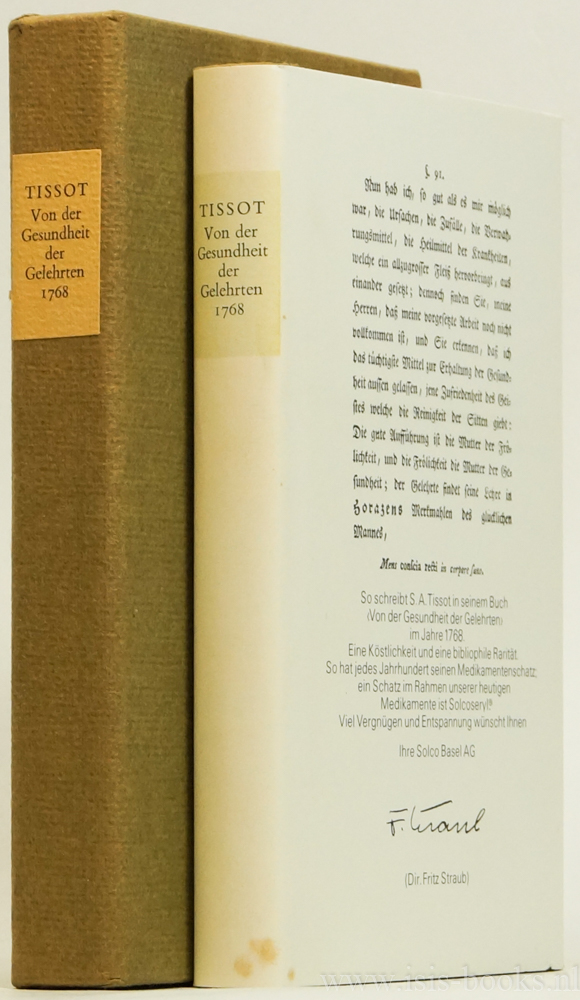 TISSOT, S.A.D. - Von der Gesundheit der Gelehrten. Aus dem Franzsischen bersetzt von Joh. Rud. Fesslin.