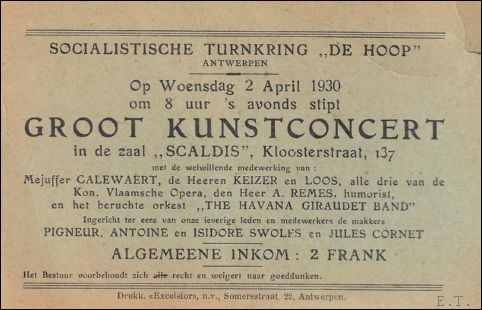 SOCIALISTISCHE TURNKRING 'DE HOOP', - GROOT KUNSTCONCERT IN DE ZAAL SCALDIS, KLOOSTERSTRAAT 137,