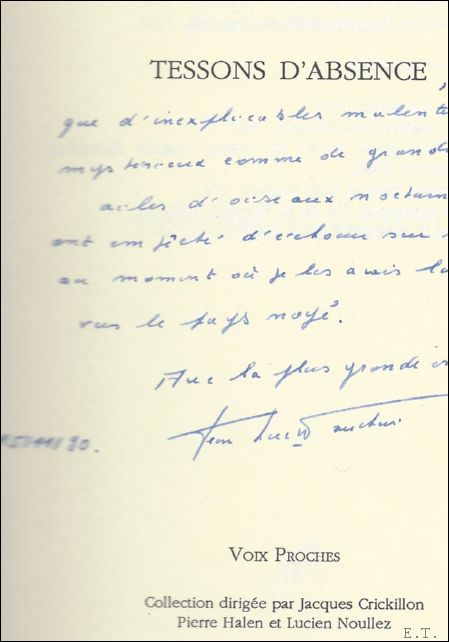 Wauthier (Jean-Luc) - Tessons d'Absence, Avec envoi + autographe.